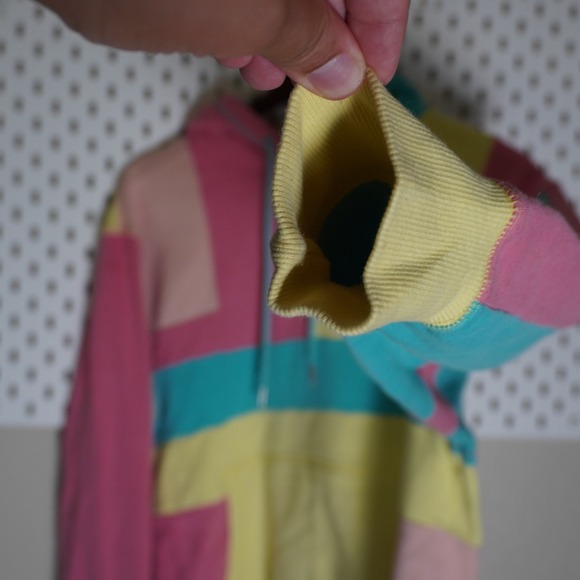 Champion Classic Fleece Pullover Hoodie Small Color Block Pink Yellow Blue - Picture 3 of 9